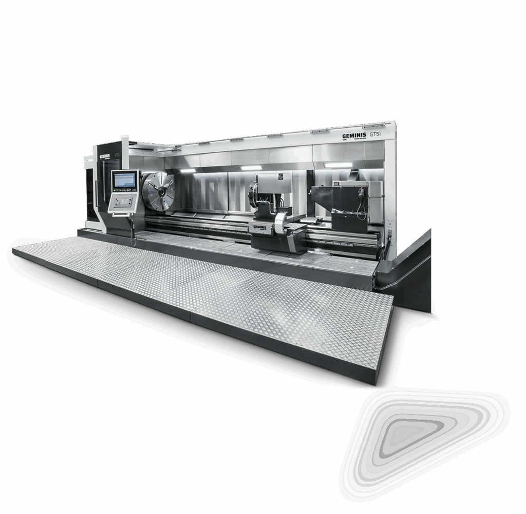 GEMINIS GTS lathe machine with long-bed configuration and integrated control panel