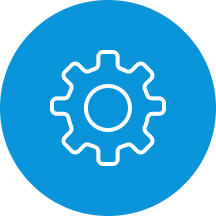 White gear icon inside a blue circle