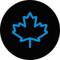 Blue maple leaf icon on black circular background